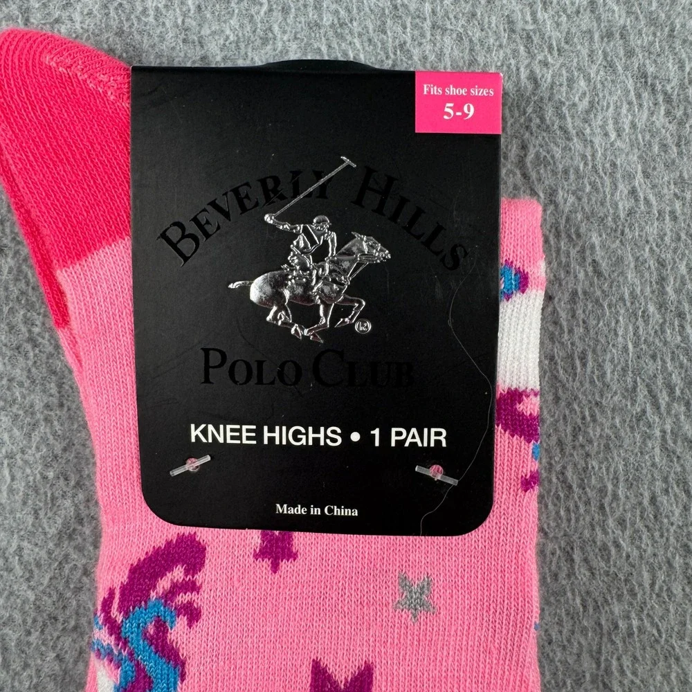 Beverly Hills Polo Club Knee High Socks Womens 5-9 Unicorn Pink Star NEW